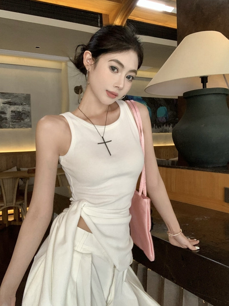 【F60435】實拍夏季時髦辣妹舒適不規則收腰綁帶背心250609