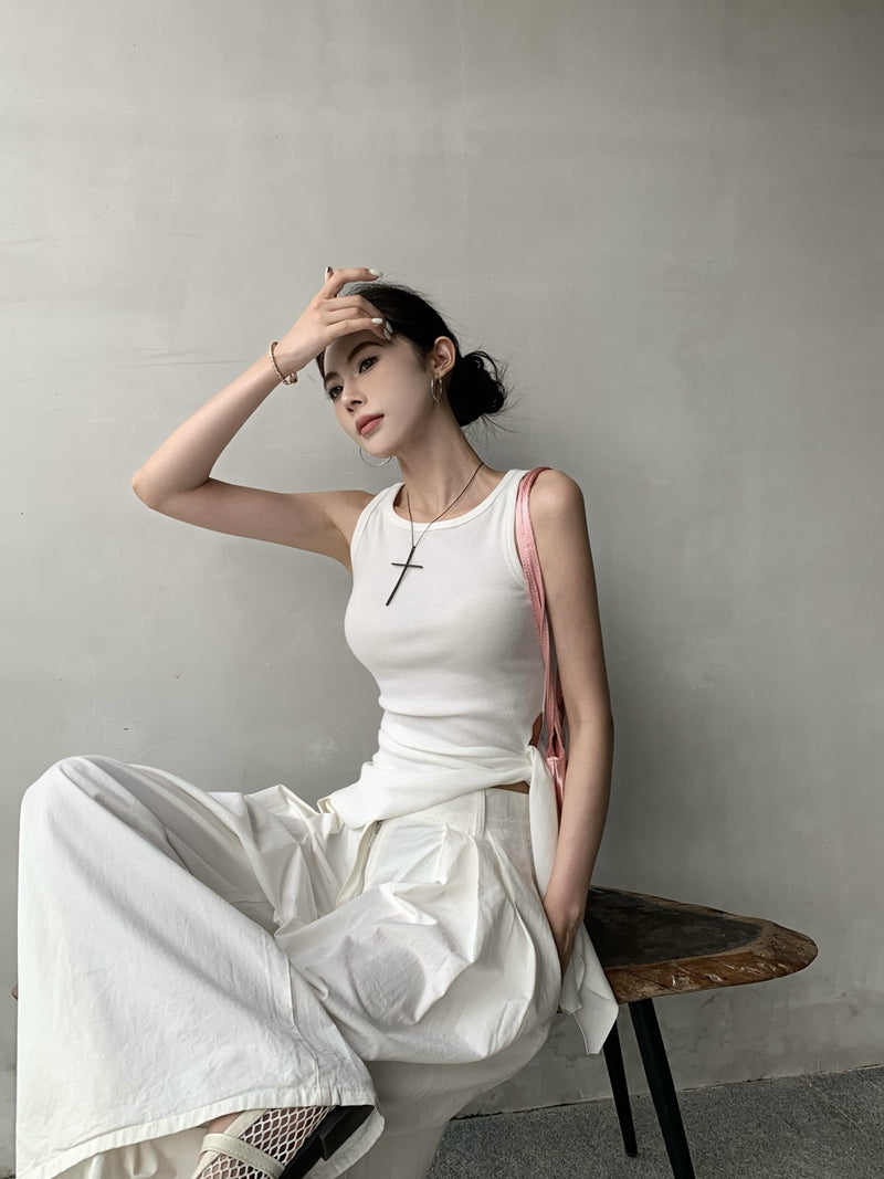 【F60435】實拍夏季時髦辣妹舒適不規則收腰綁帶背心250609