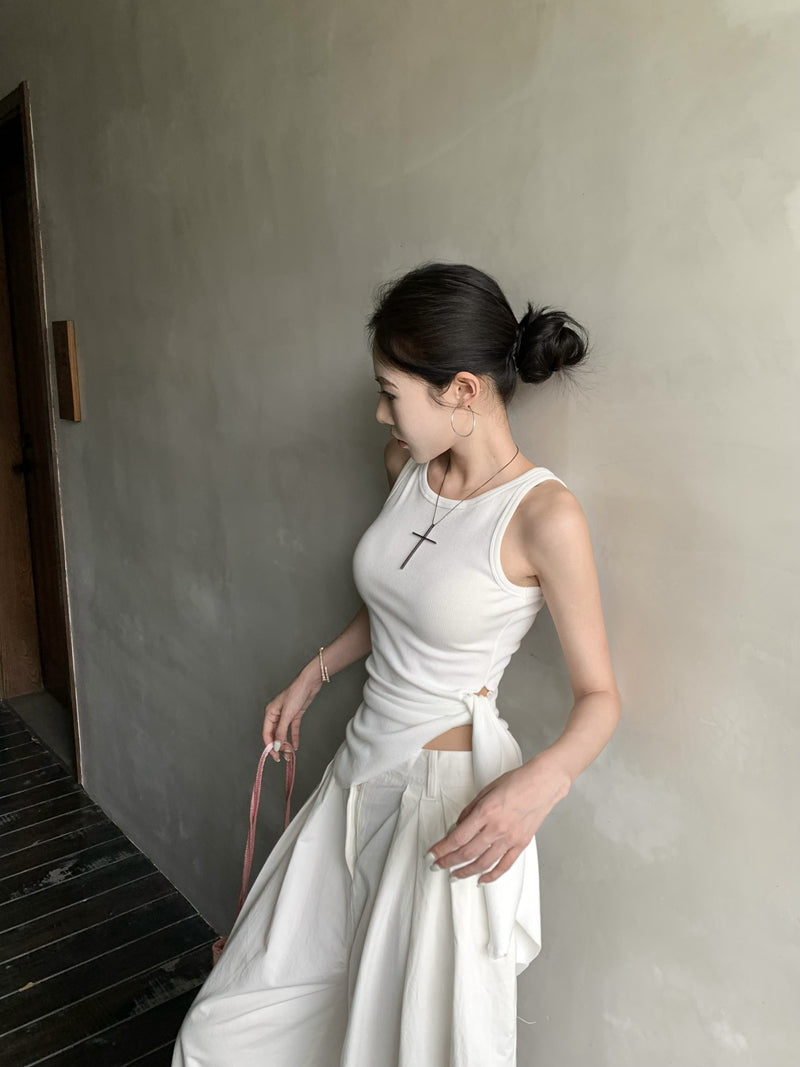 【F60435】實拍夏季時髦辣妹舒適不規則收腰綁帶背心250609