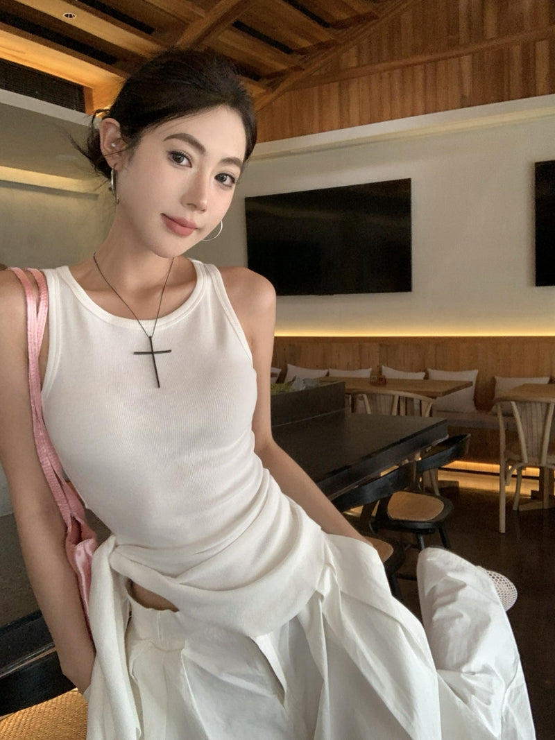 【F60435】實拍夏季時髦辣妹舒適不規則收腰綁帶背心250609