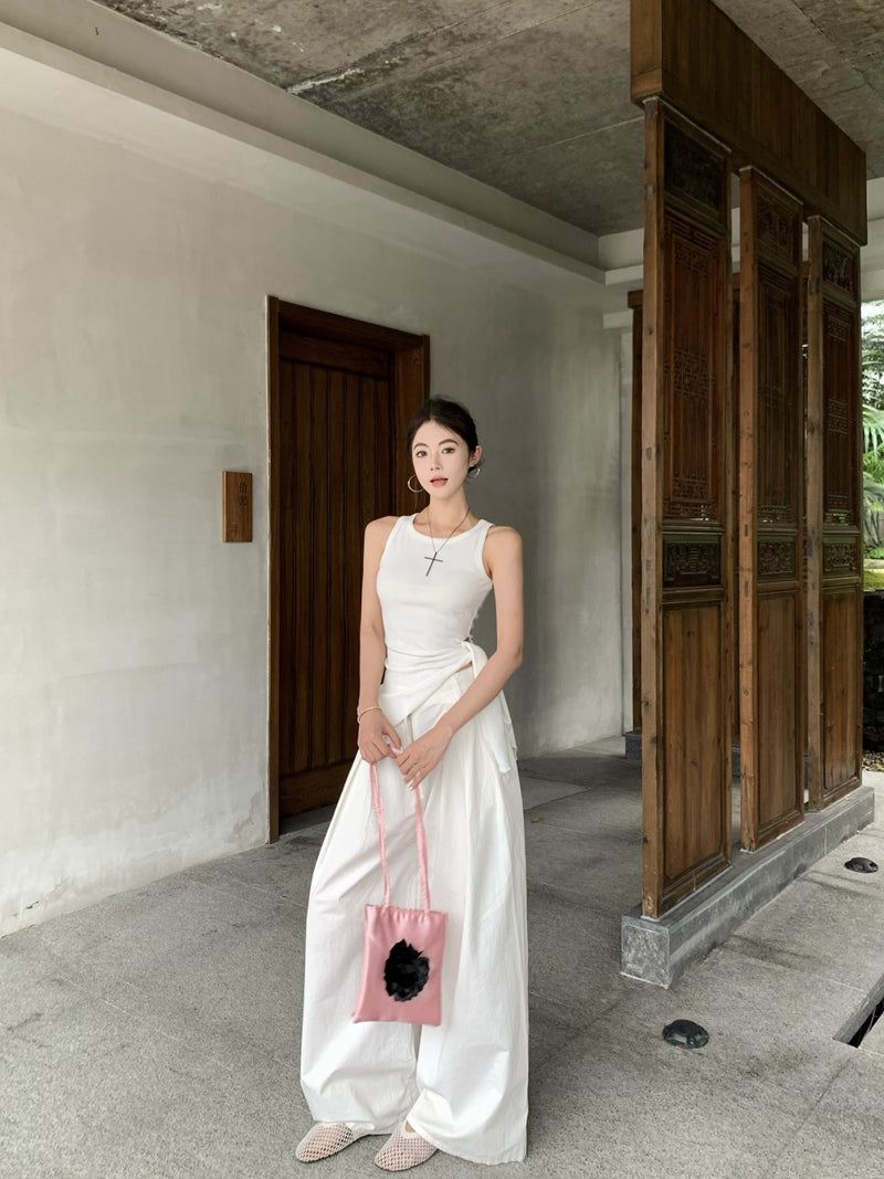 【F60435】實拍夏季時髦辣妹舒適不規則收腰綁帶背心250609