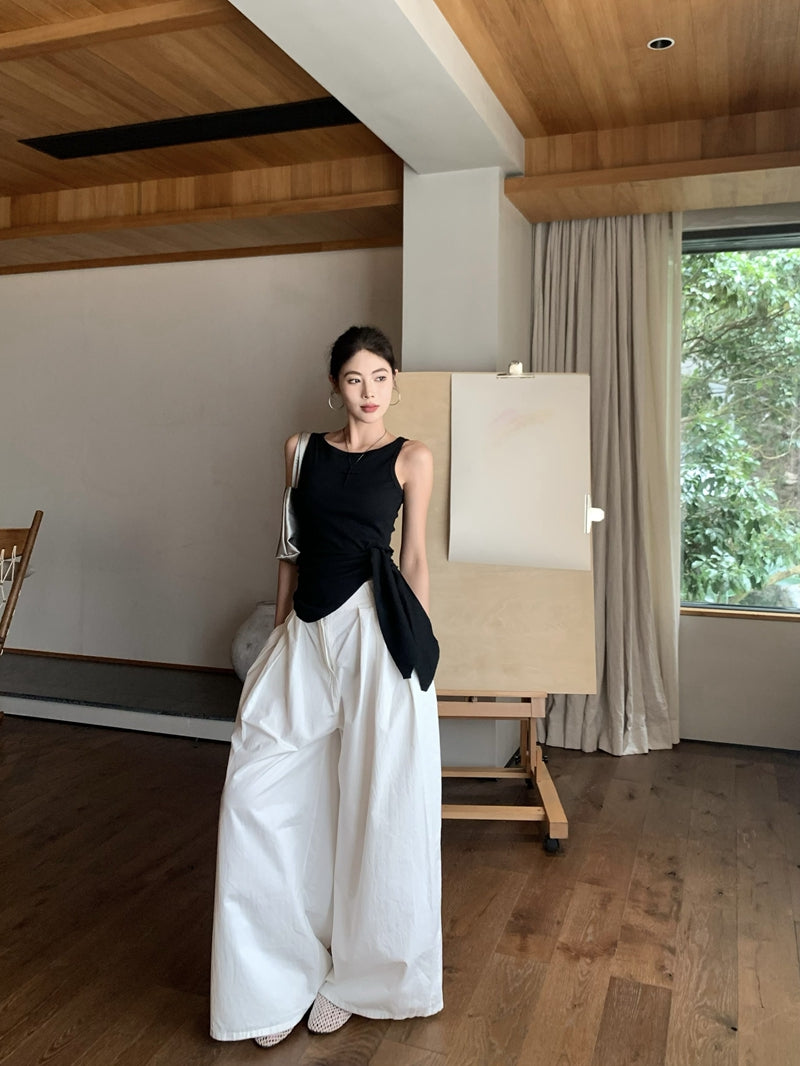 【F60435】實拍夏季時髦辣妹舒適不規則收腰綁帶背心250609