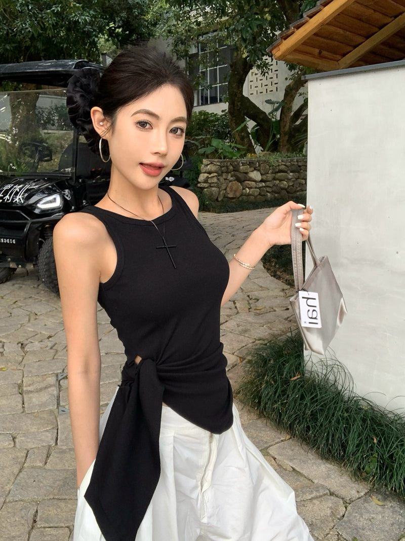 【F60435】實拍夏季時髦辣妹舒適不規則收腰綁帶背心250609