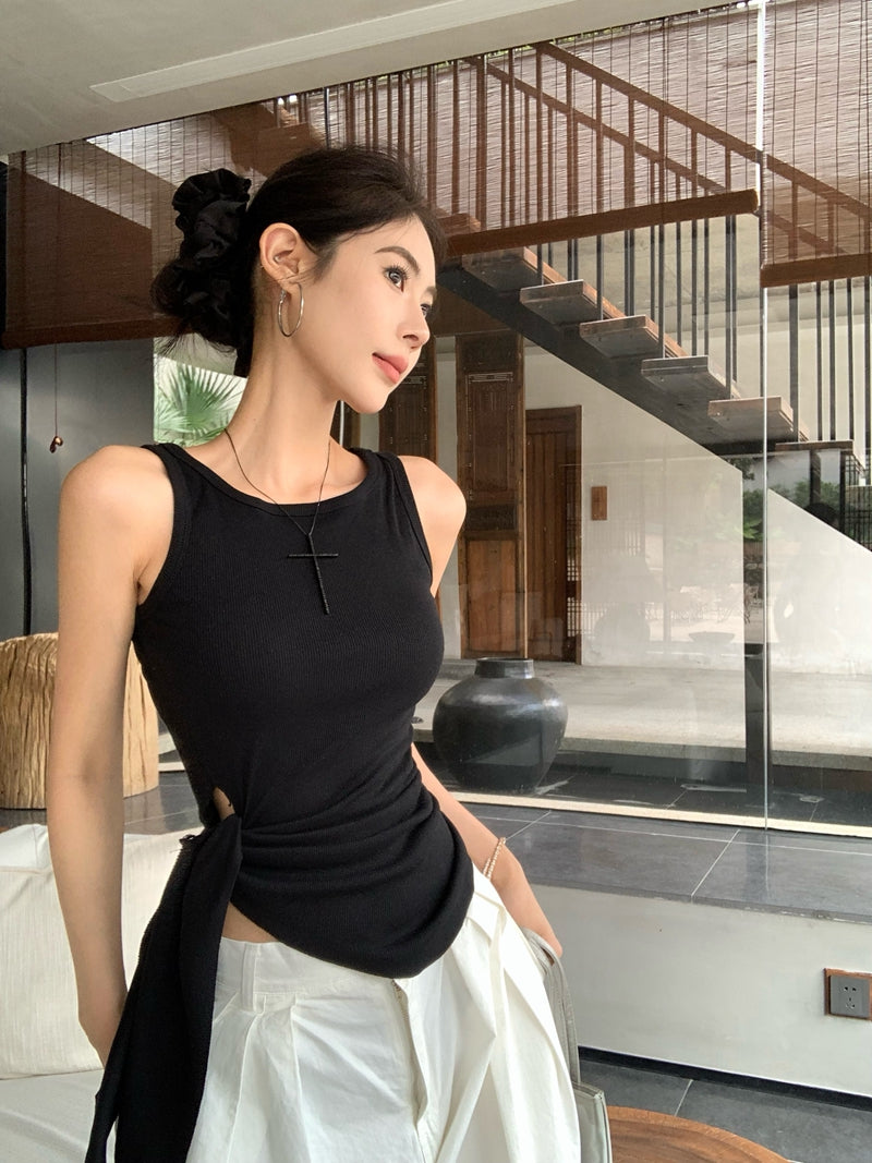 【F60435】實拍夏季時髦辣妹舒適不規則收腰綁帶背心250609