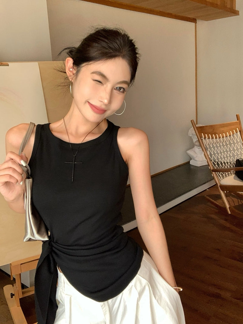 【F60435】實拍夏季時髦辣妹舒適不規則收腰綁帶背心250609