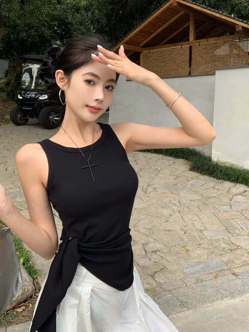 【F60435】實拍夏季時髦辣妹舒適不規則收腰綁帶背心250609
