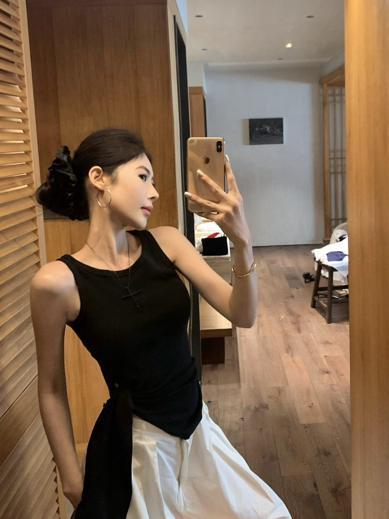 【F60435】實拍夏季時髦辣妹舒適不規則收腰綁帶背心250609