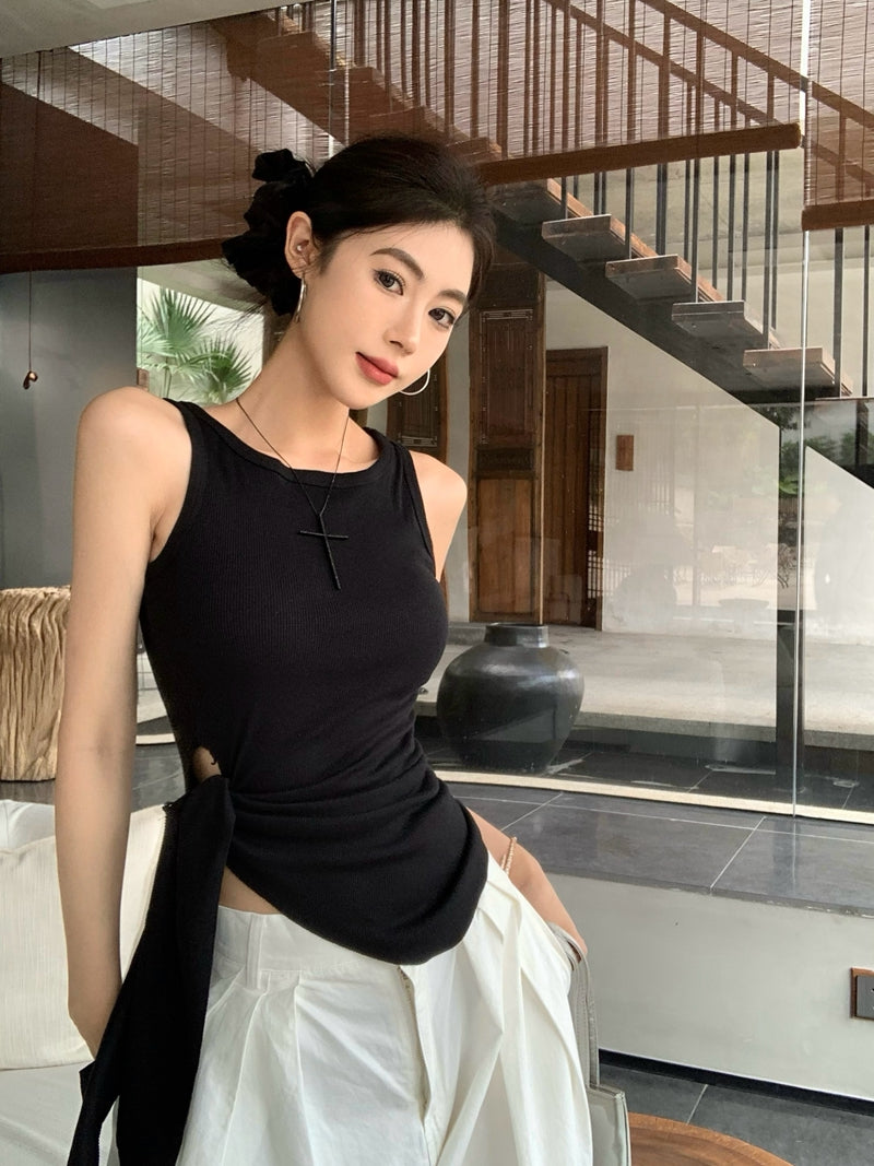 【F60435】實拍夏季時髦辣妹舒適不規則收腰綁帶背心250609