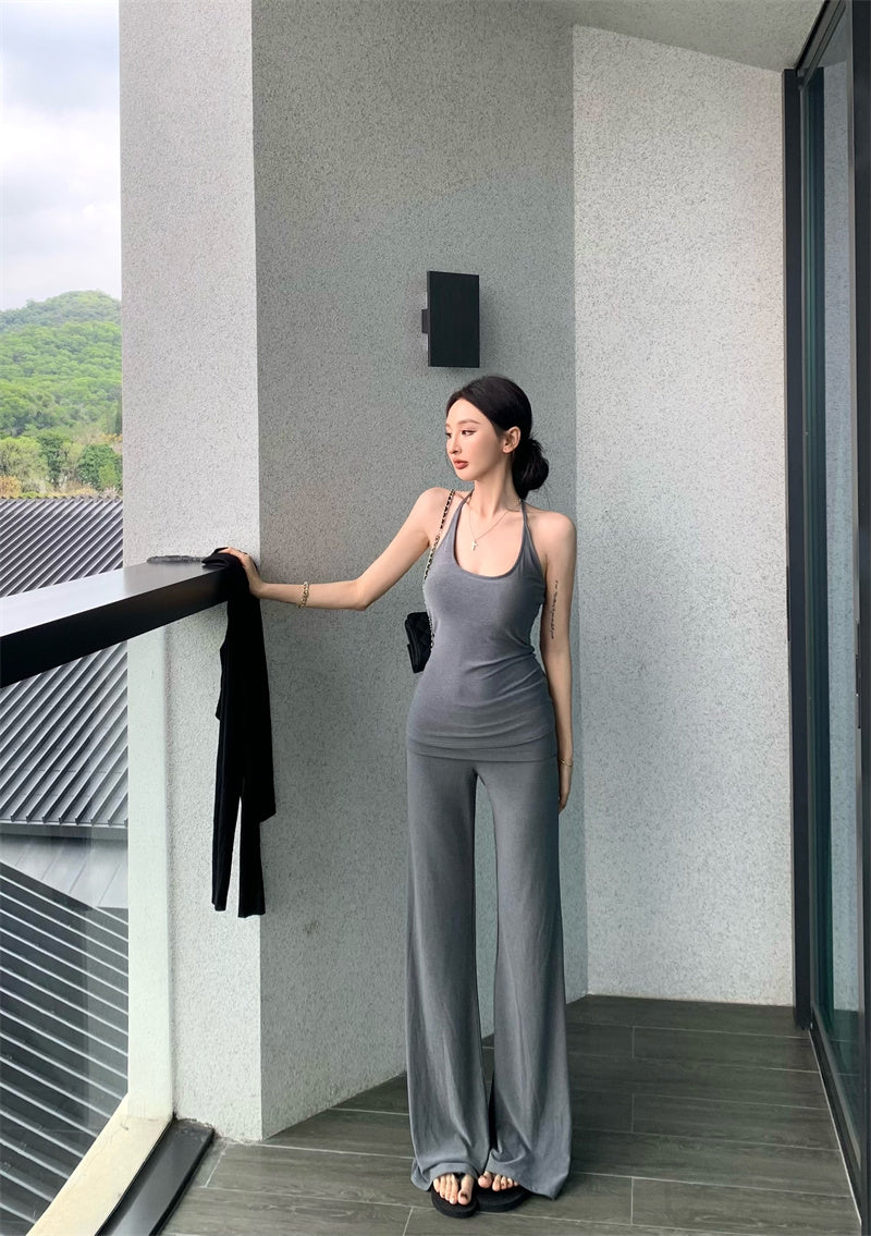 【F60327】實拍美式舒適微喇叭超顯瘦長褲+含胸墊背心 套裝250408