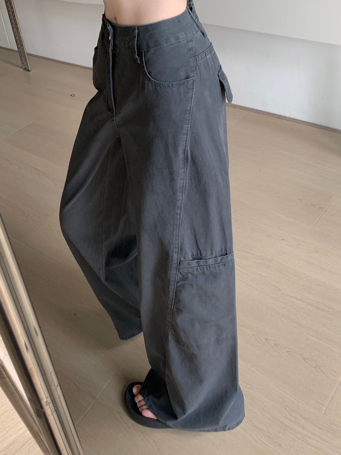 【F60296】實拍S~XL灰色多口袋工裝牛仔褲250401