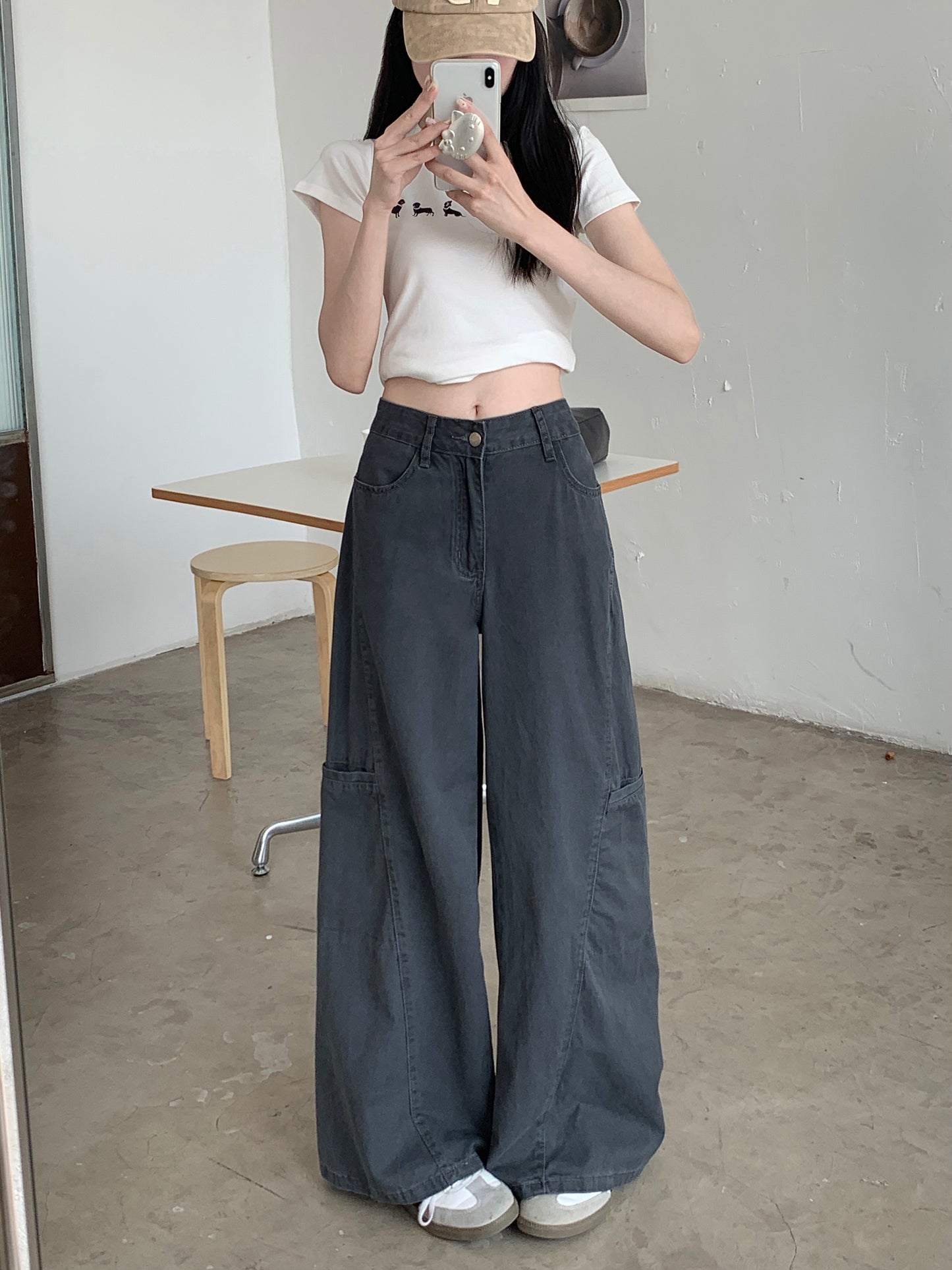【F60296】實拍S~XL灰色多口袋工裝牛仔褲250401