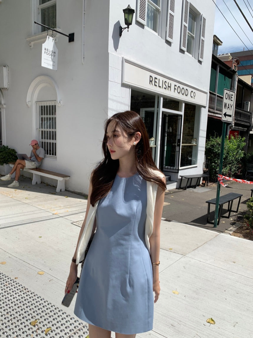 【F60294】韓國法式簡約圓領氣質小洋裝250401