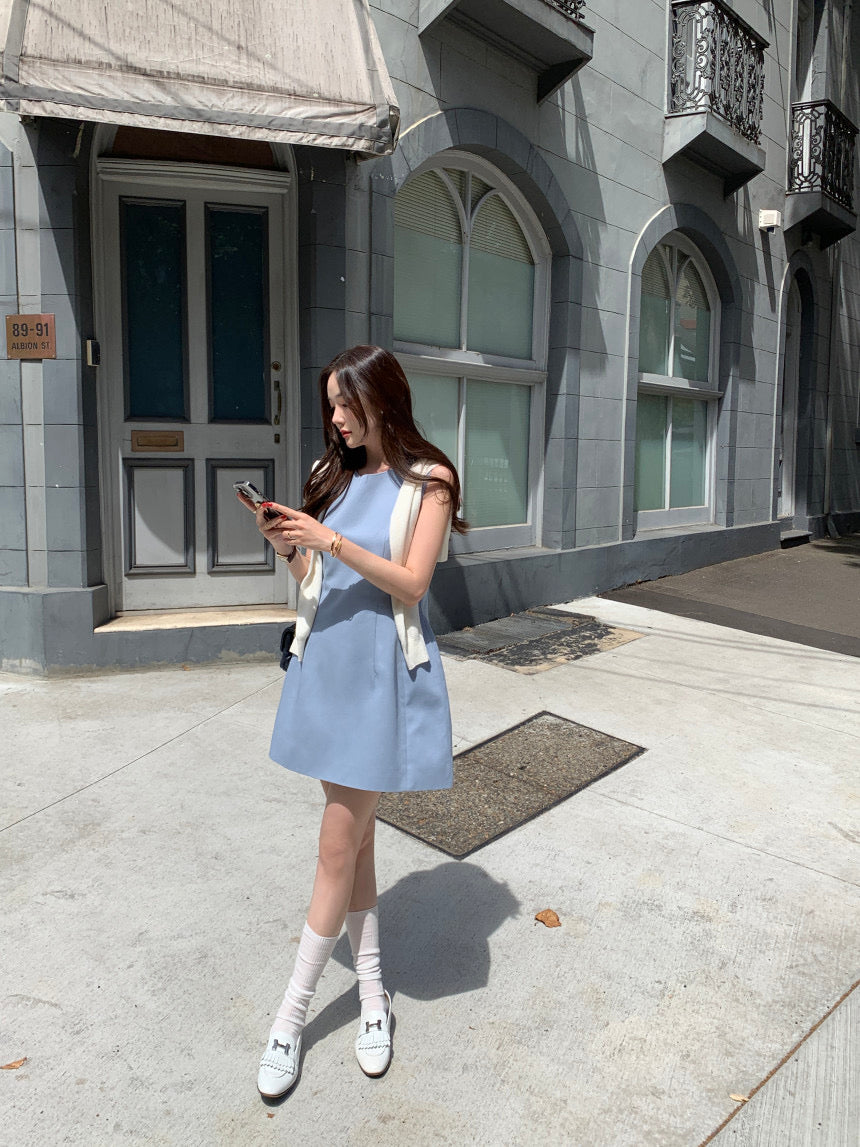 【F60294】韓國法式簡約圓領氣質小洋裝250401