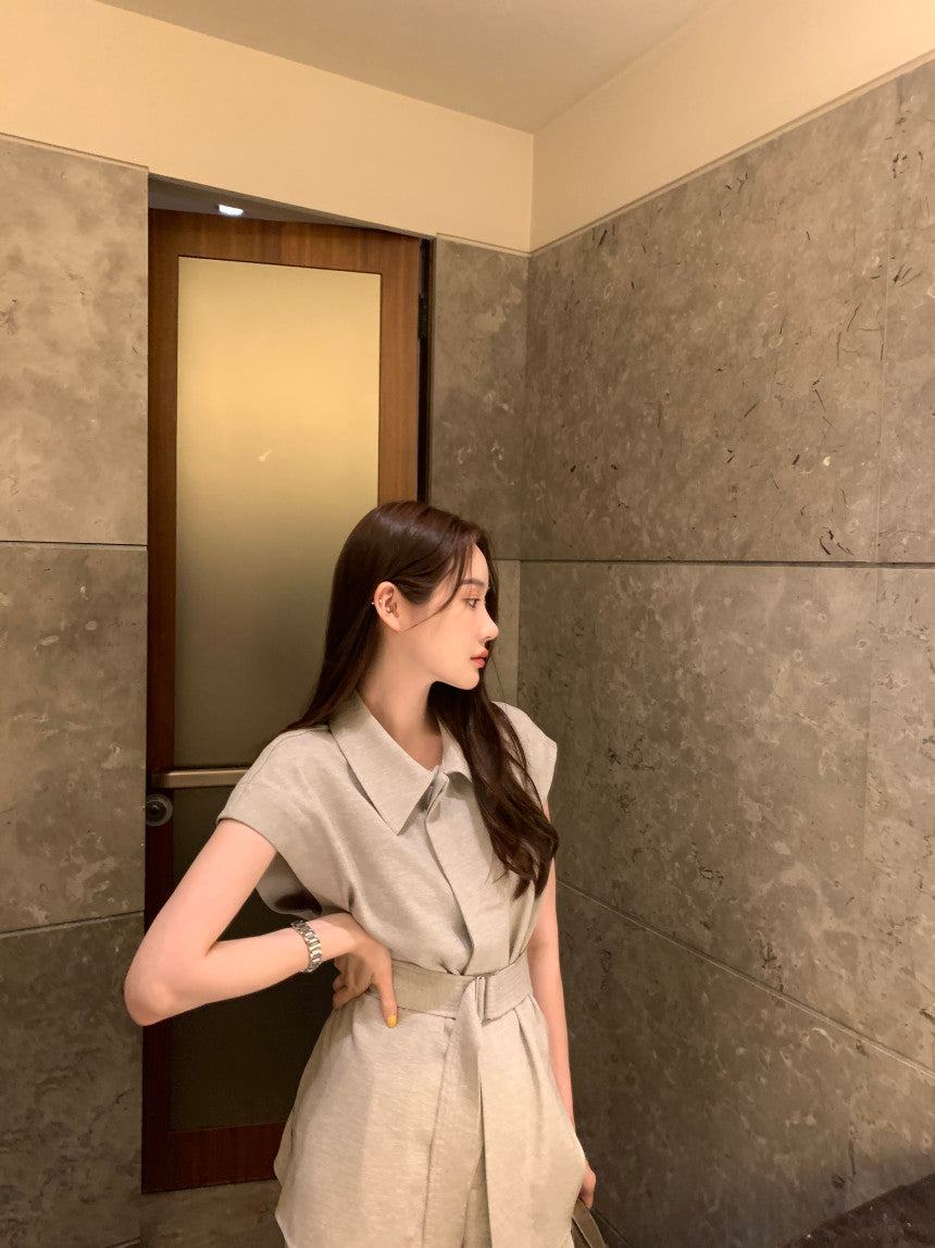 【F60356】夏季法式簡約繫帶襯衫+高腰闊腿褲 套裝250408