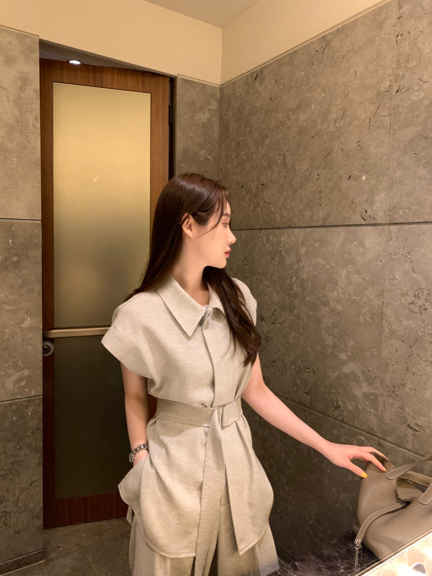 【F60356】夏季法式簡約繫帶襯衫+高腰闊腿褲 套裝250408