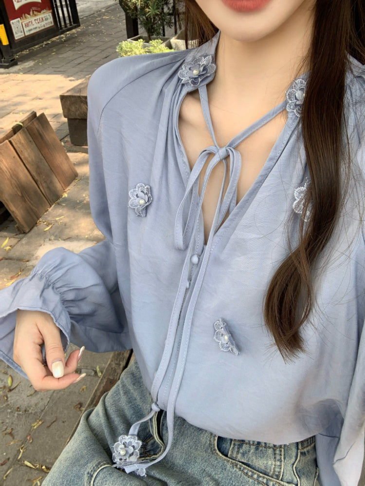 【F60342】實拍韓版春夏寬鬆繫帶立體花朵罩衫250408