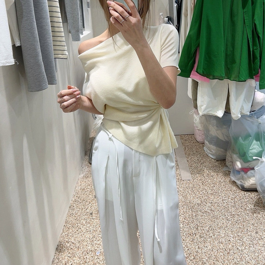 【F60358】韓國夏季法式氣質簡約露肩腰部斜扣上衣250408