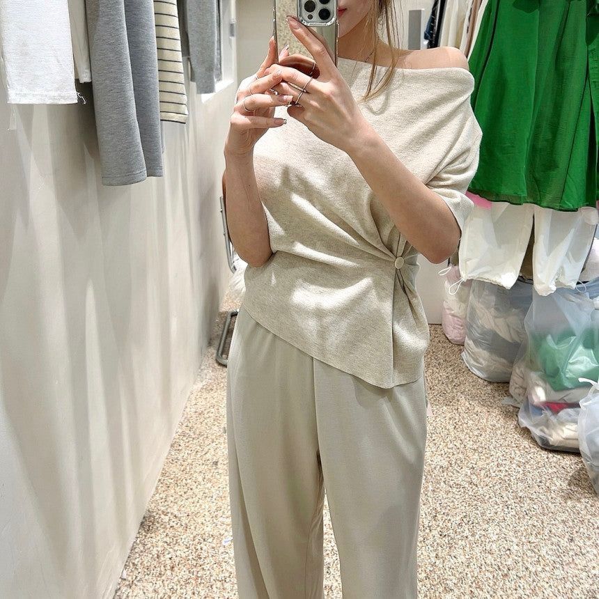 【F60358】韓國夏季法式氣質簡約露肩腰部斜扣上衣250408