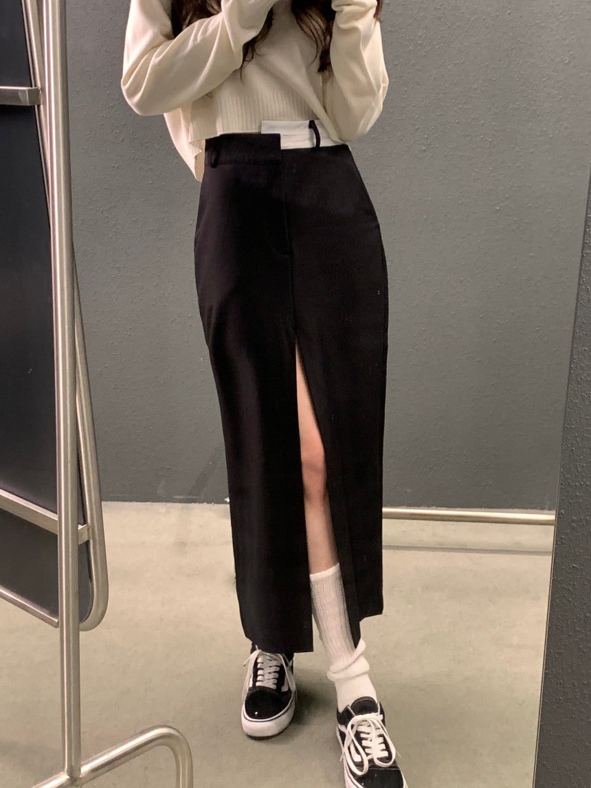 【F60354】韓國夏季設計感高腰前開叉裙250408