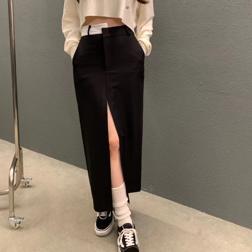 【F60354】韓國夏季設計感高腰前開叉裙250408