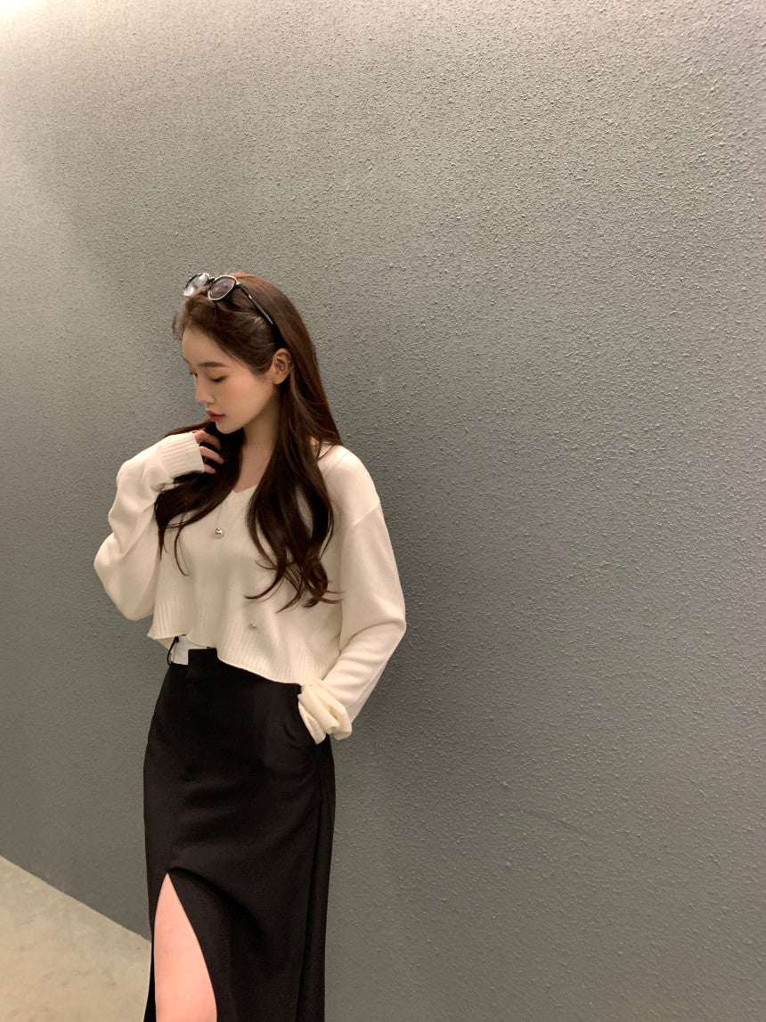 【F60354】韓國夏季設計感高腰前開叉裙250408