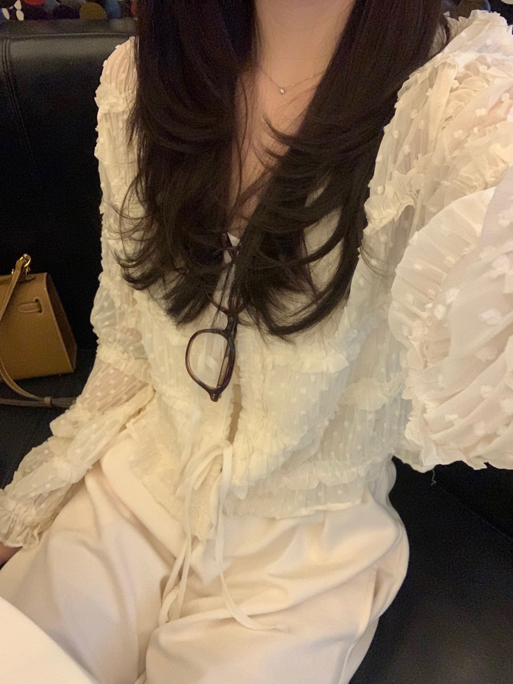 【F60311】春夏氣質甜美長袖雪紡開衫250401