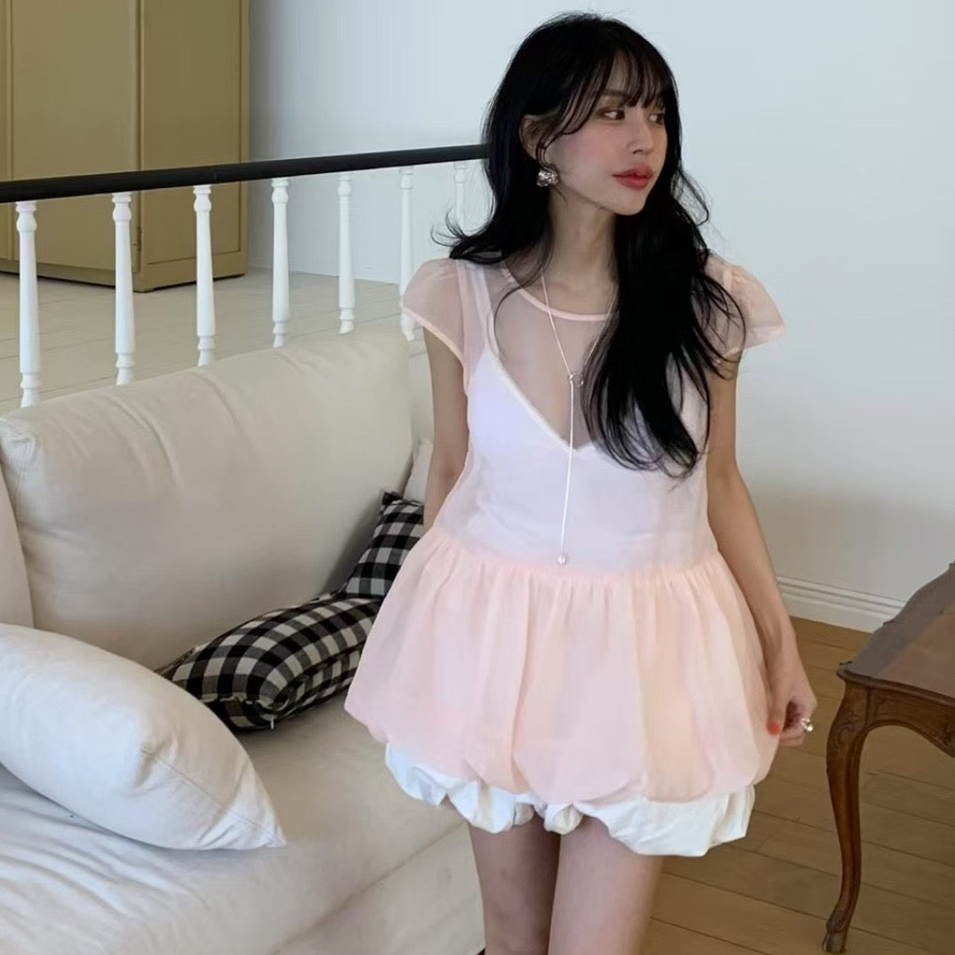 【F60303】韓國泡泡袖娃娃衫網紗仙女短袖襯衫+吊帶250401