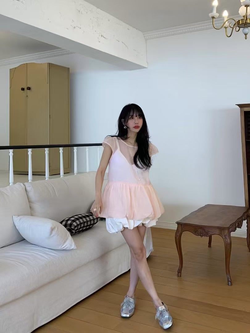 【F60303】韓國泡泡袖娃娃衫網紗仙女短袖襯衫+吊帶250401