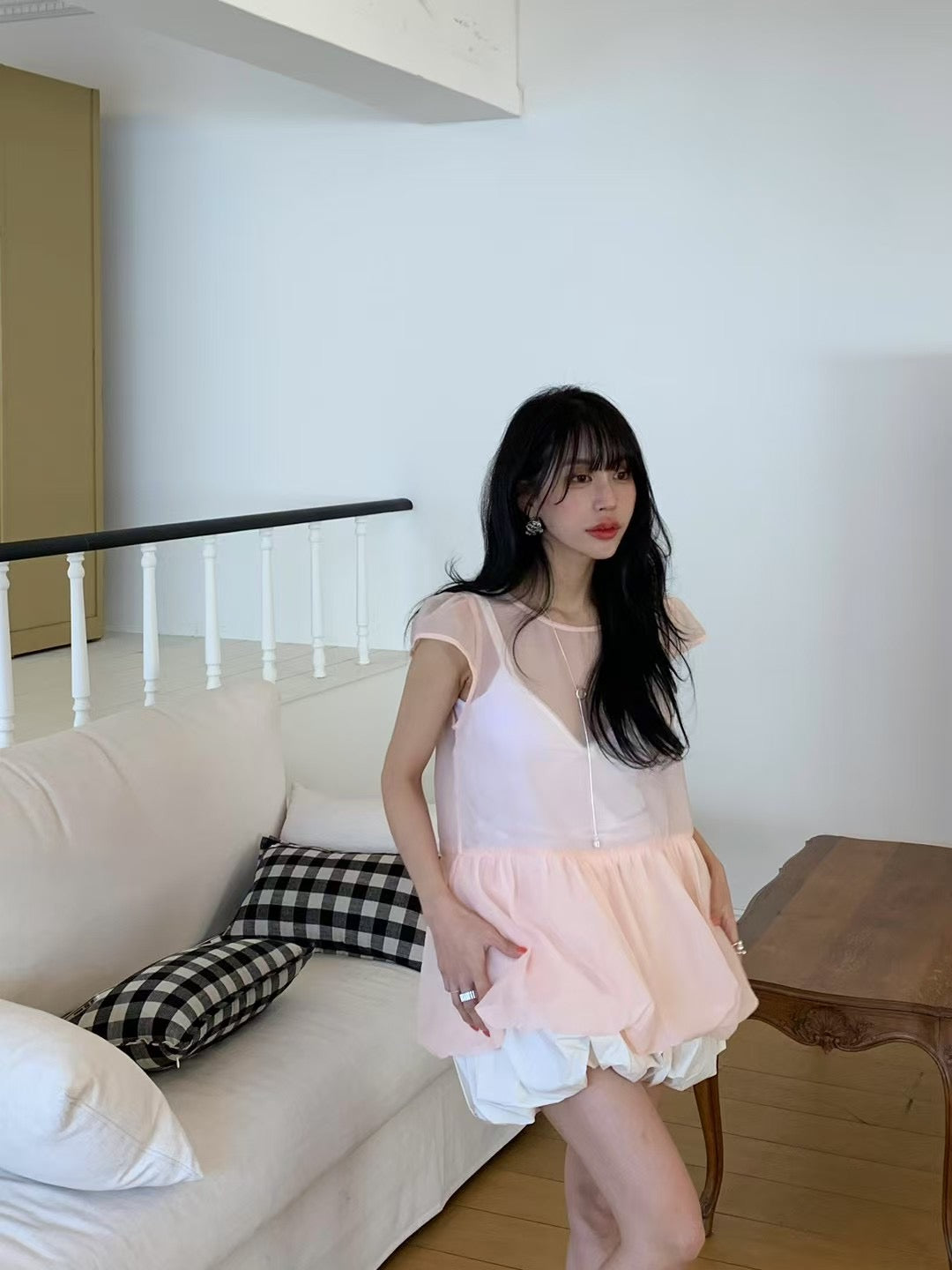 【F60303】韓國泡泡袖娃娃衫網紗仙女短袖襯衫+吊帶250401