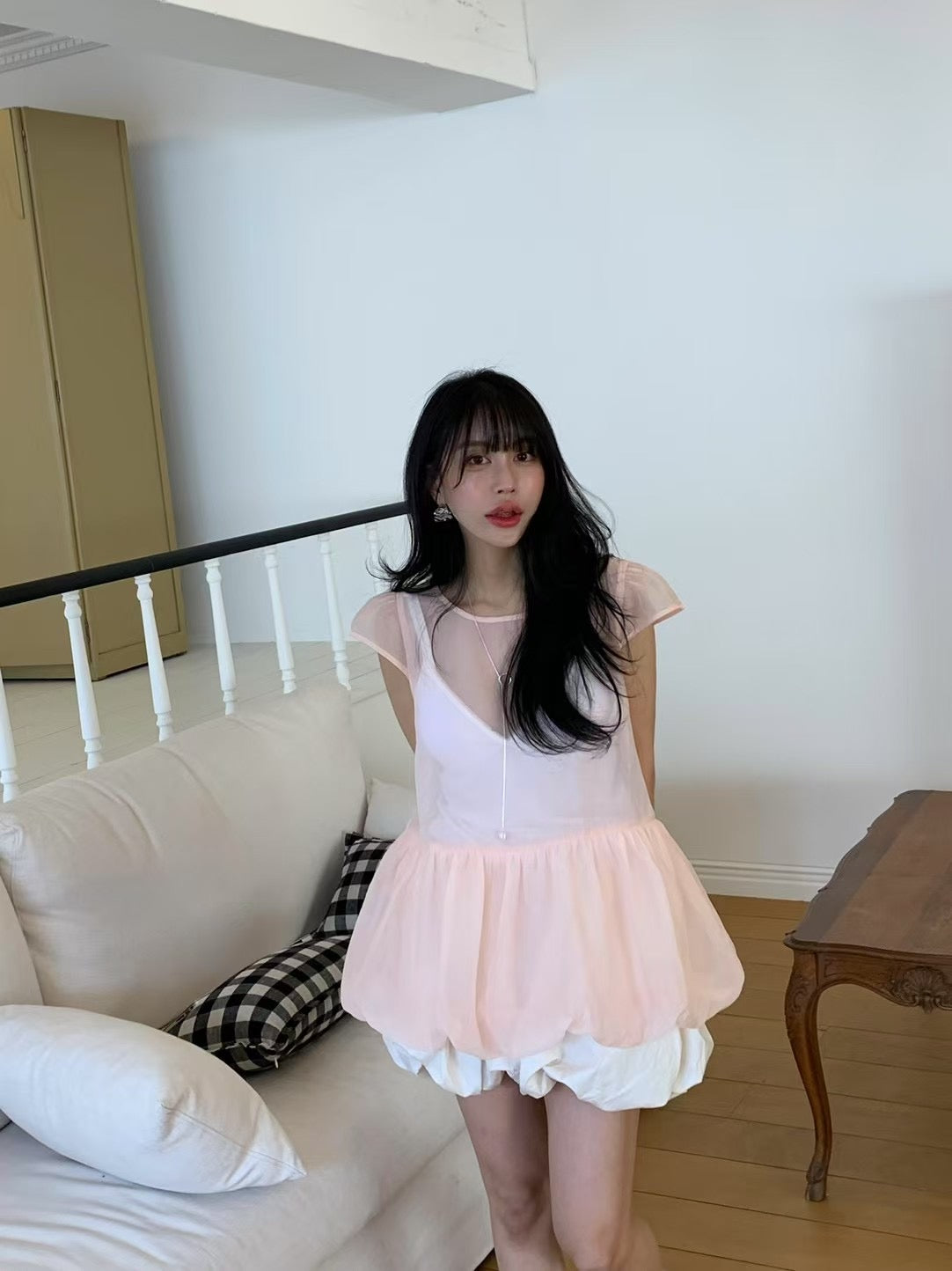 【F60303】韓國泡泡袖娃娃衫網紗仙女短袖襯衫+吊帶250401