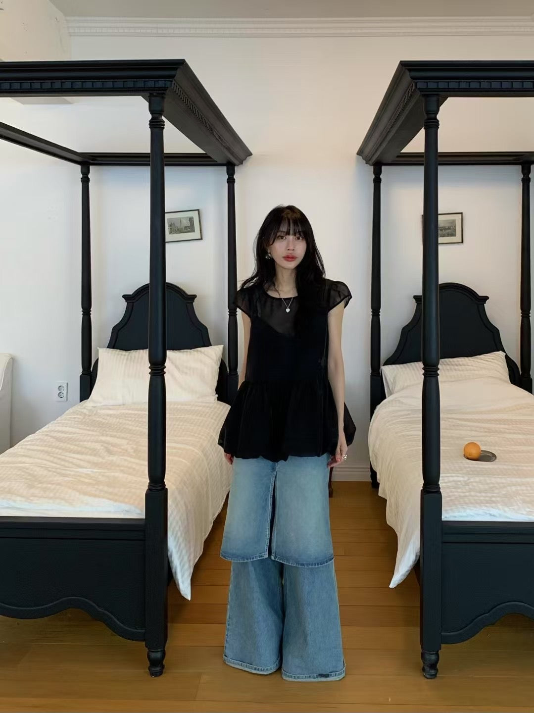 【F60303】韓國泡泡袖娃娃衫網紗仙女短袖襯衫+吊帶250401