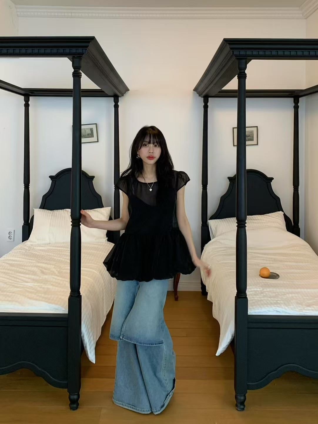 【F60303】韓國泡泡袖娃娃衫網紗仙女短袖襯衫+吊帶250401