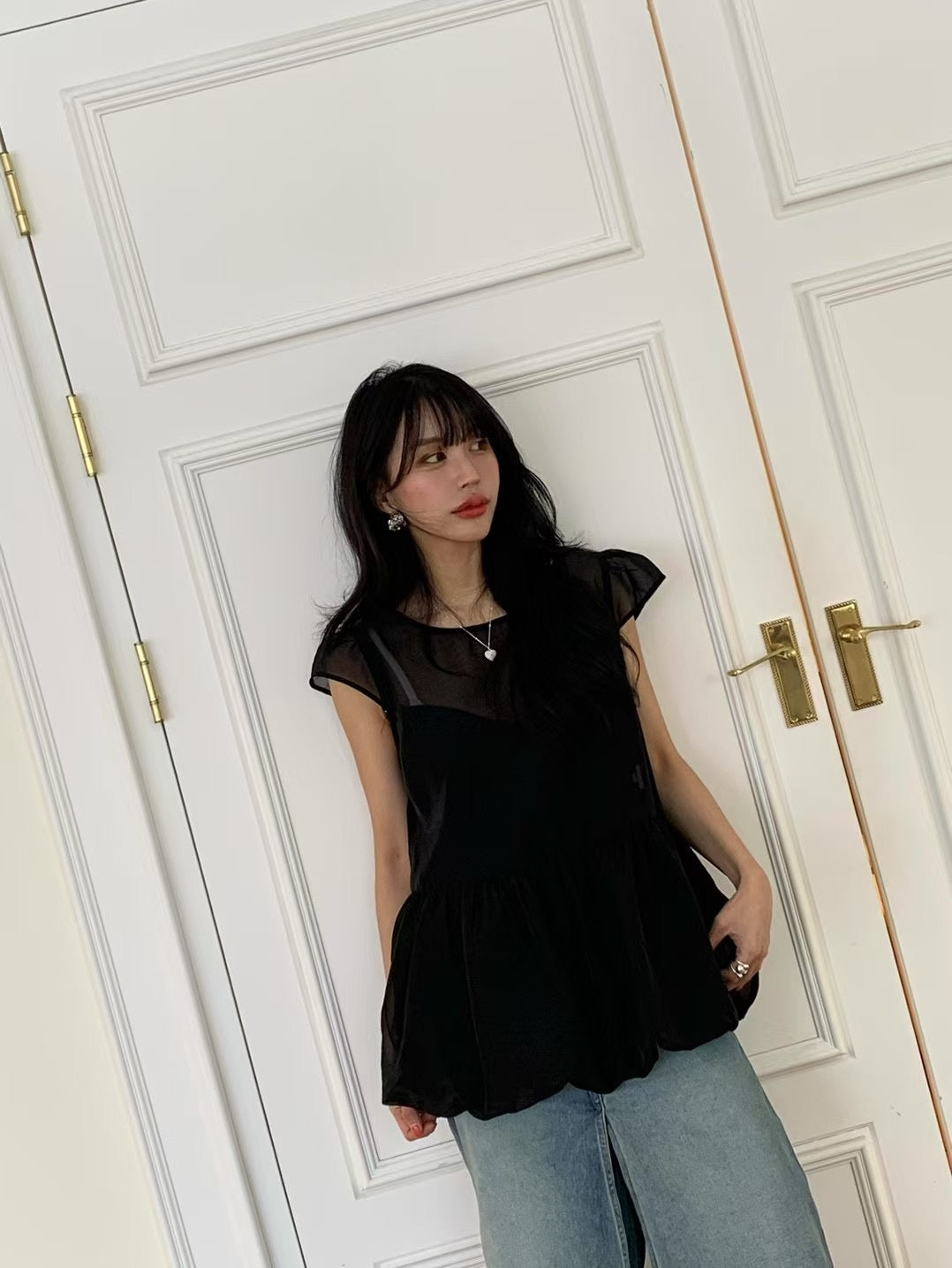 【F60303】韓國泡泡袖娃娃衫網紗仙女短袖襯衫+吊帶250401