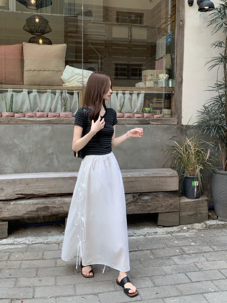 【F60345】實拍春夏甜美蝴蝶結繫帶高腰a字長裙250408