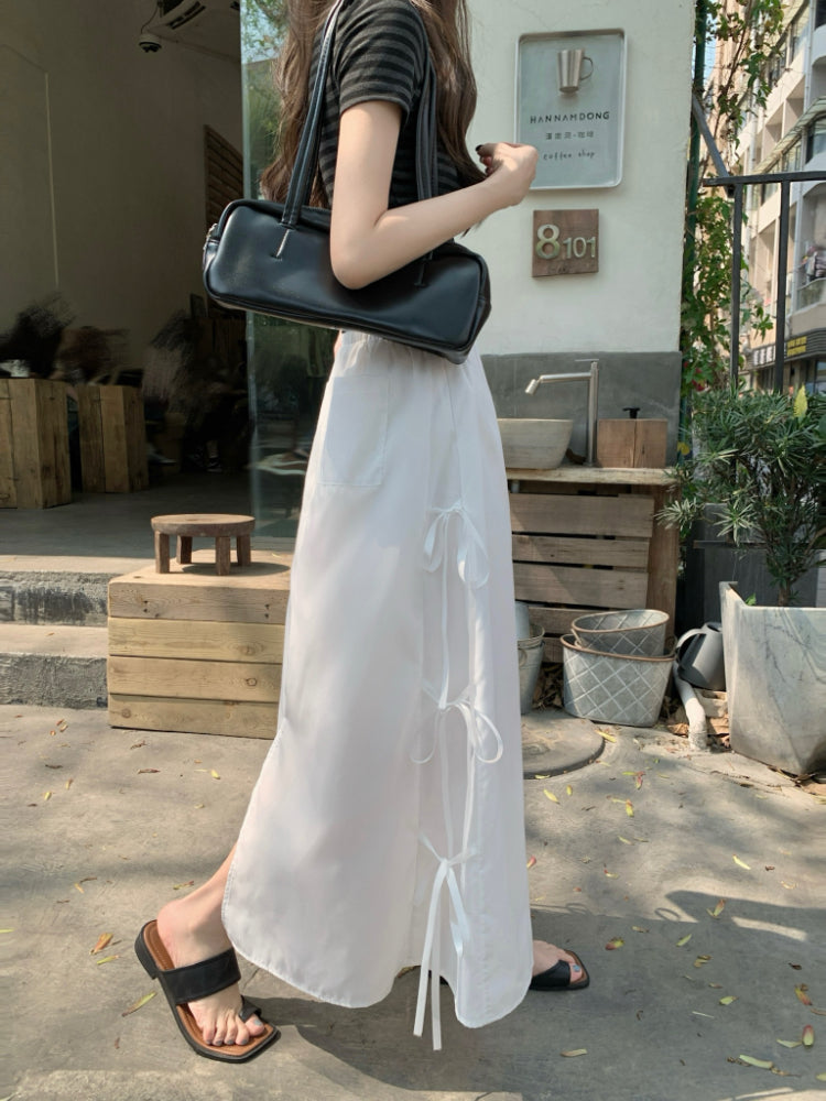 【F60345】實拍春夏甜美蝴蝶結繫帶高腰a字長裙250408