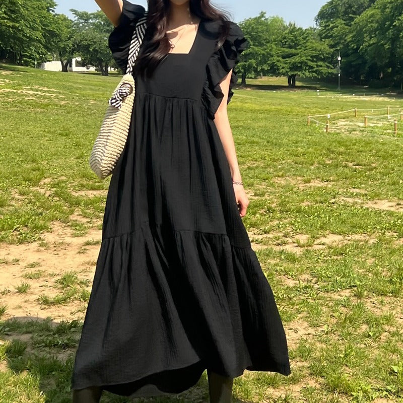 【F60385】實拍夏季氣質方領抓皺荷葉飛袖雪紡洋裝250512