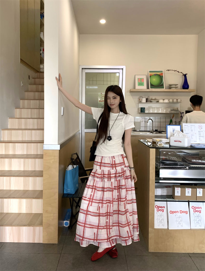 【F60403】實拍韓國原單蝴蝶結網紗假兩件T恤+印花格子大A裙250526
