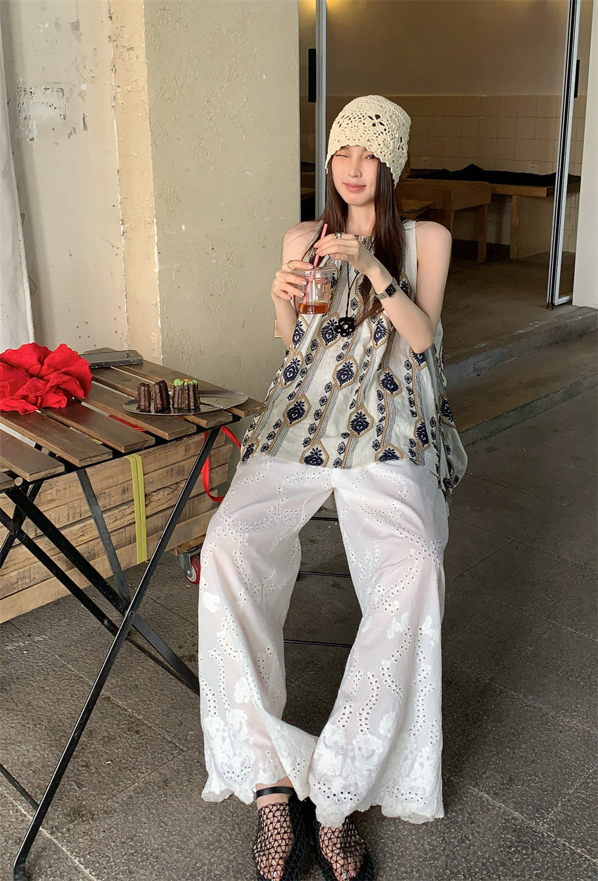 【F60404】實拍韓國原單復古刺繡長上衣+全蕾絲闊腿褲(分開下單)250526