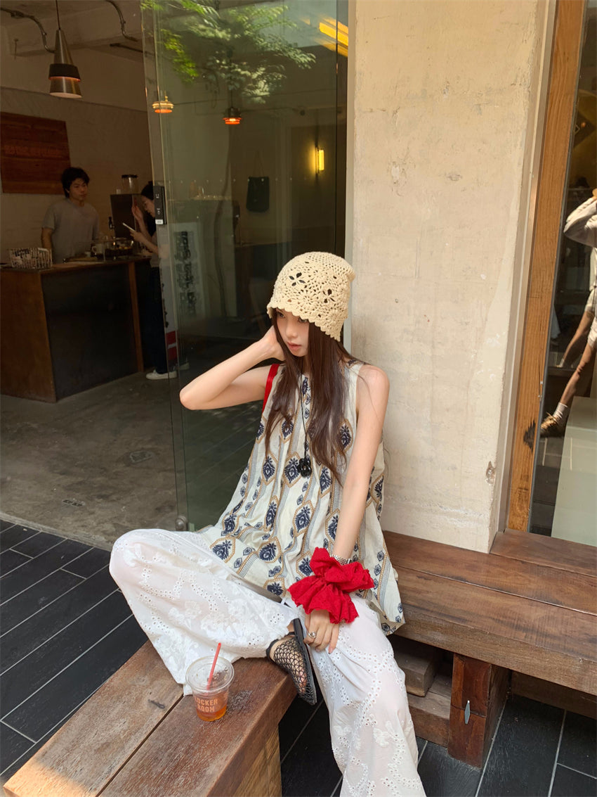 【F60404】實拍韓國原單復古刺繡長上衣+全蕾絲闊腿褲(分開下單)250526