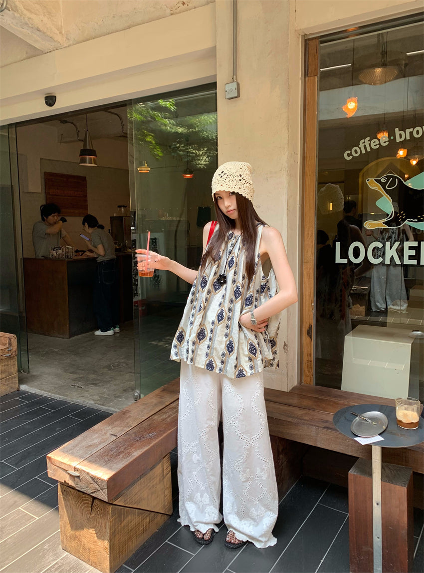 【F60404】實拍韓國原單復古刺繡長上衣+全蕾絲闊腿褲(分開下單)250526