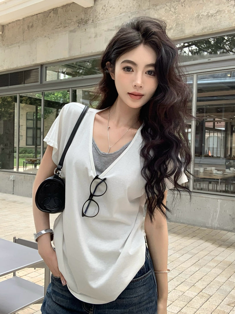 【F60436】實拍夏季假兩件寬鬆慵懶短袖T恤250609