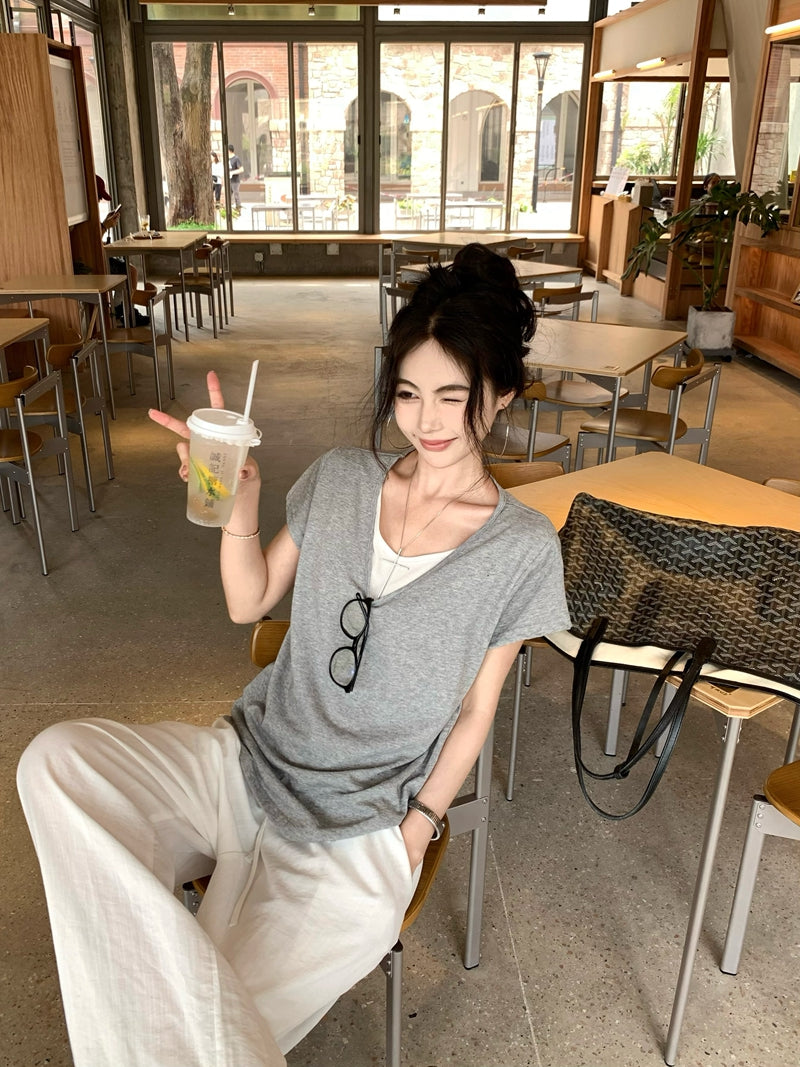 【F60436】實拍夏季假兩件寬鬆慵懶短袖T恤250609