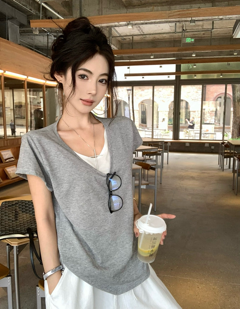 【F60436】實拍夏季假兩件寬鬆慵懶短袖T恤250609