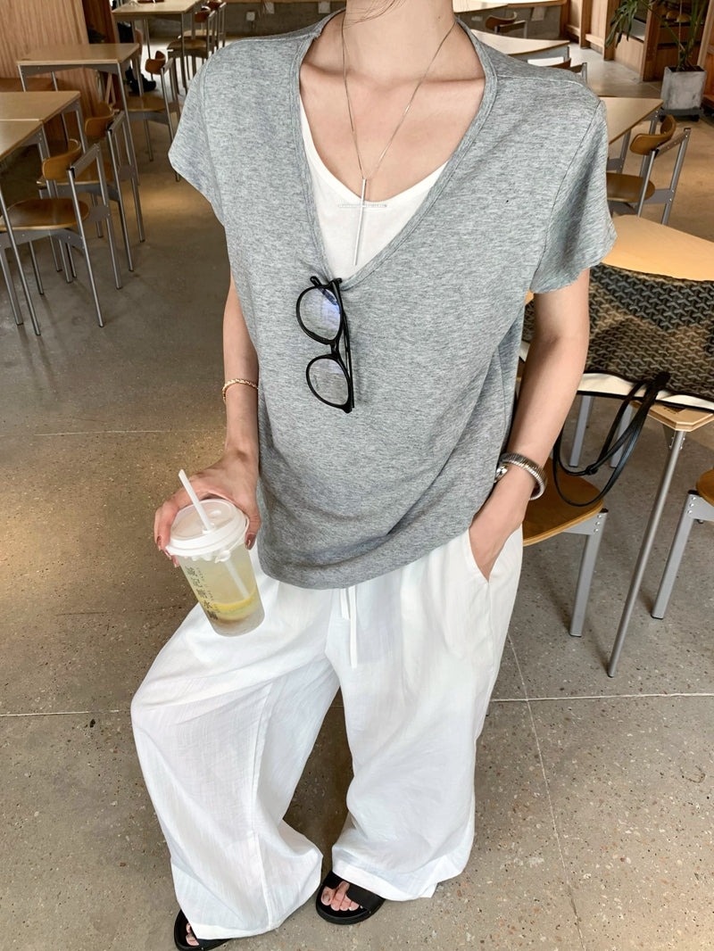 【F60436】實拍夏季假兩件寬鬆慵懶短袖T恤250609