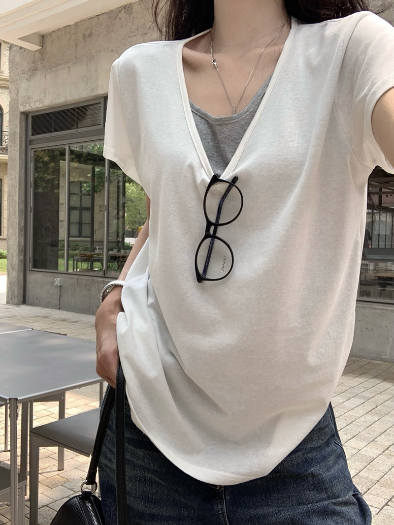 【F60436】實拍夏季假兩件寬鬆慵懶短袖T恤250609