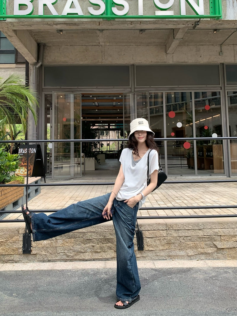 【F60436】實拍夏季假兩件寬鬆慵懶短袖T恤250609