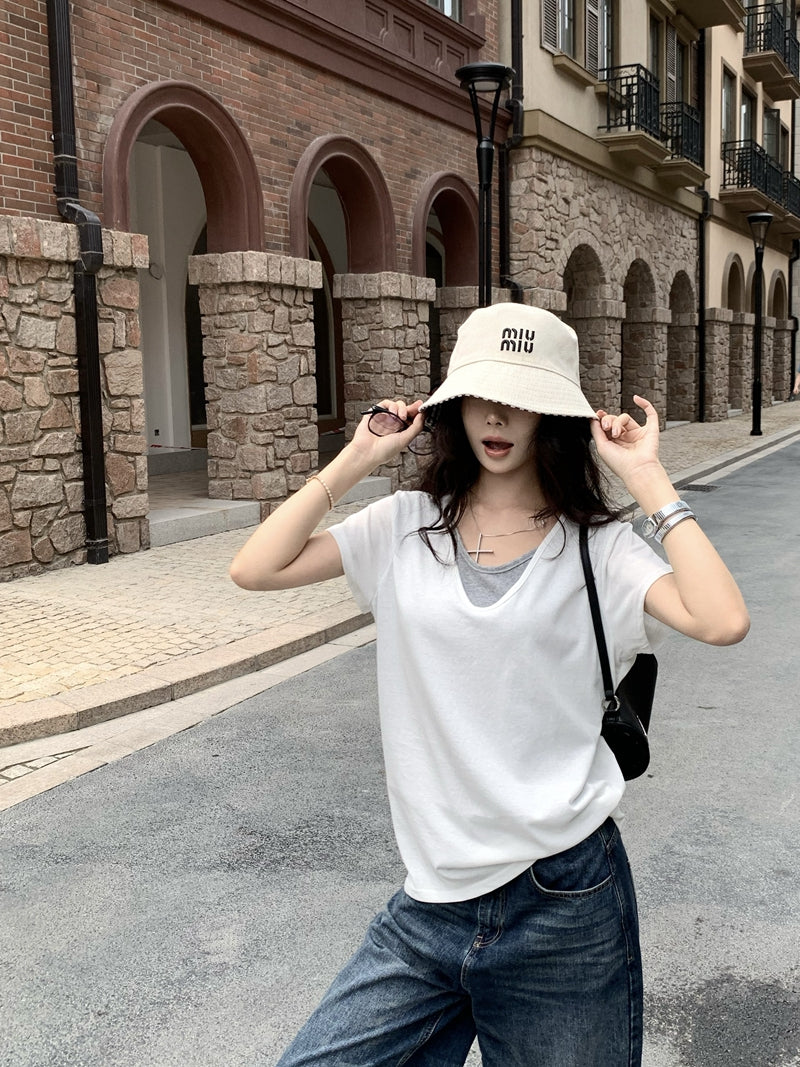 【F60436】實拍夏季假兩件寬鬆慵懶短袖T恤250609