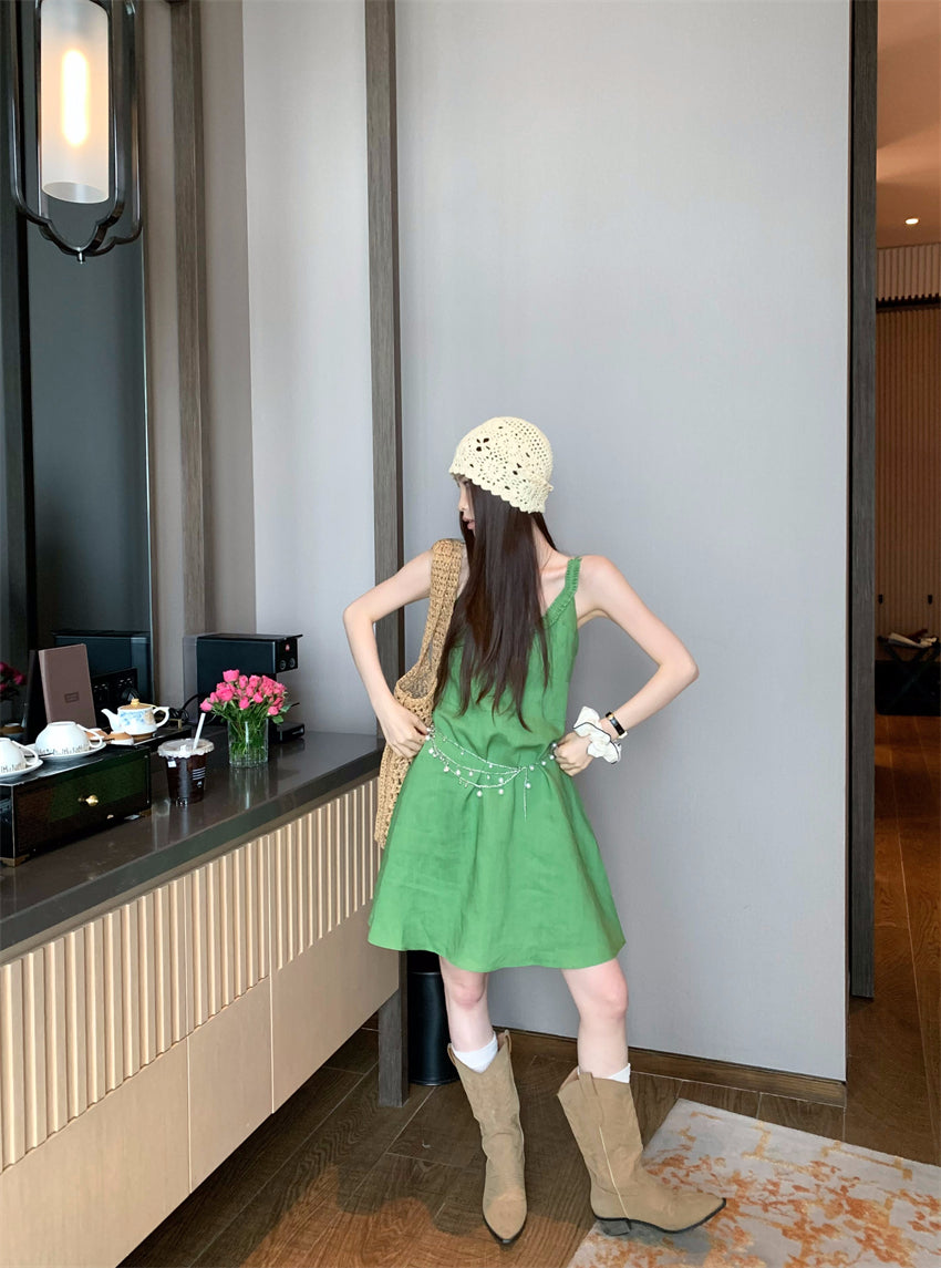 【F60395】實拍復古京綠亞麻天絲洋裝250526