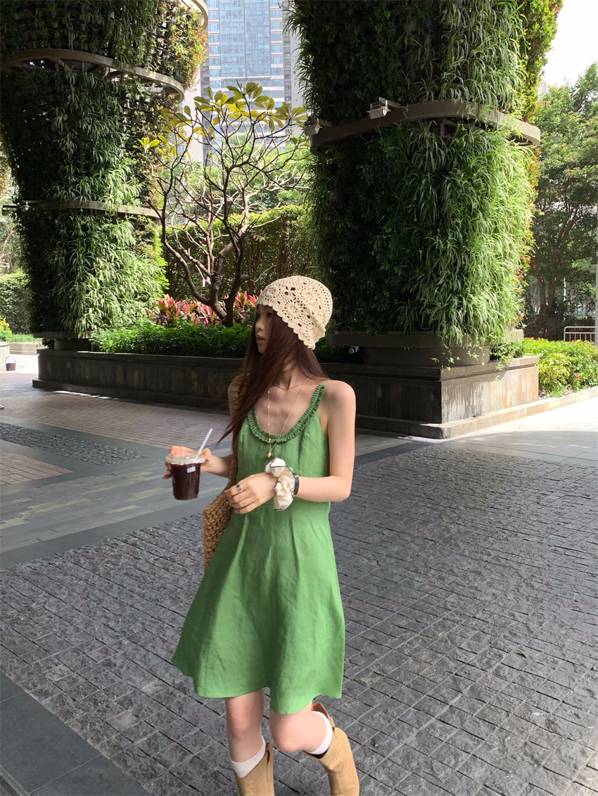 【F60395】實拍復古京綠亞麻天絲洋裝250526