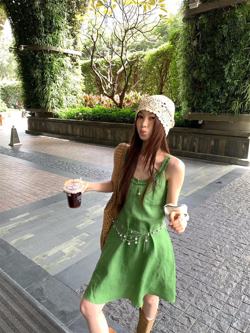 【F60395】實拍復古京綠亞麻天絲洋裝250526